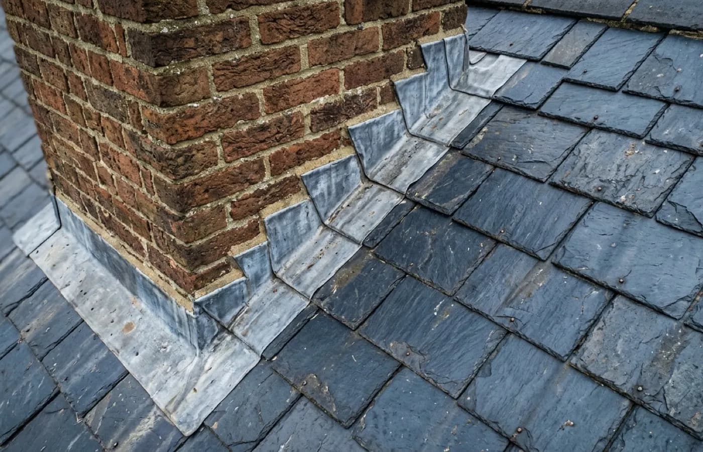 Lead flashing and soakers where a chimney stack meets a slate roof slope, checked for lift and a failed seal
