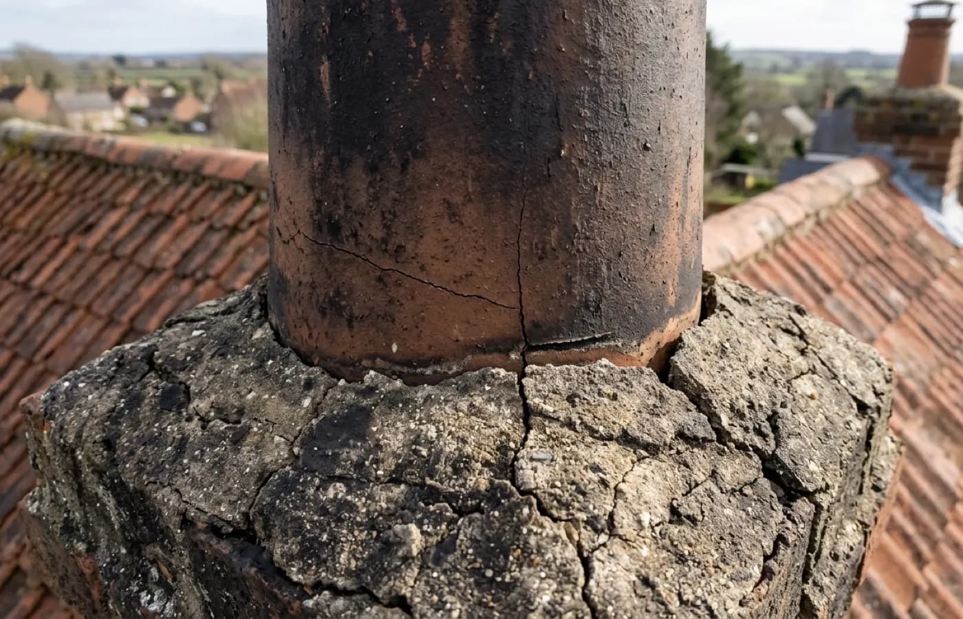 The mortar flaunching around the base of a chimney pot, cracked and pulling away from the pot in one corner
