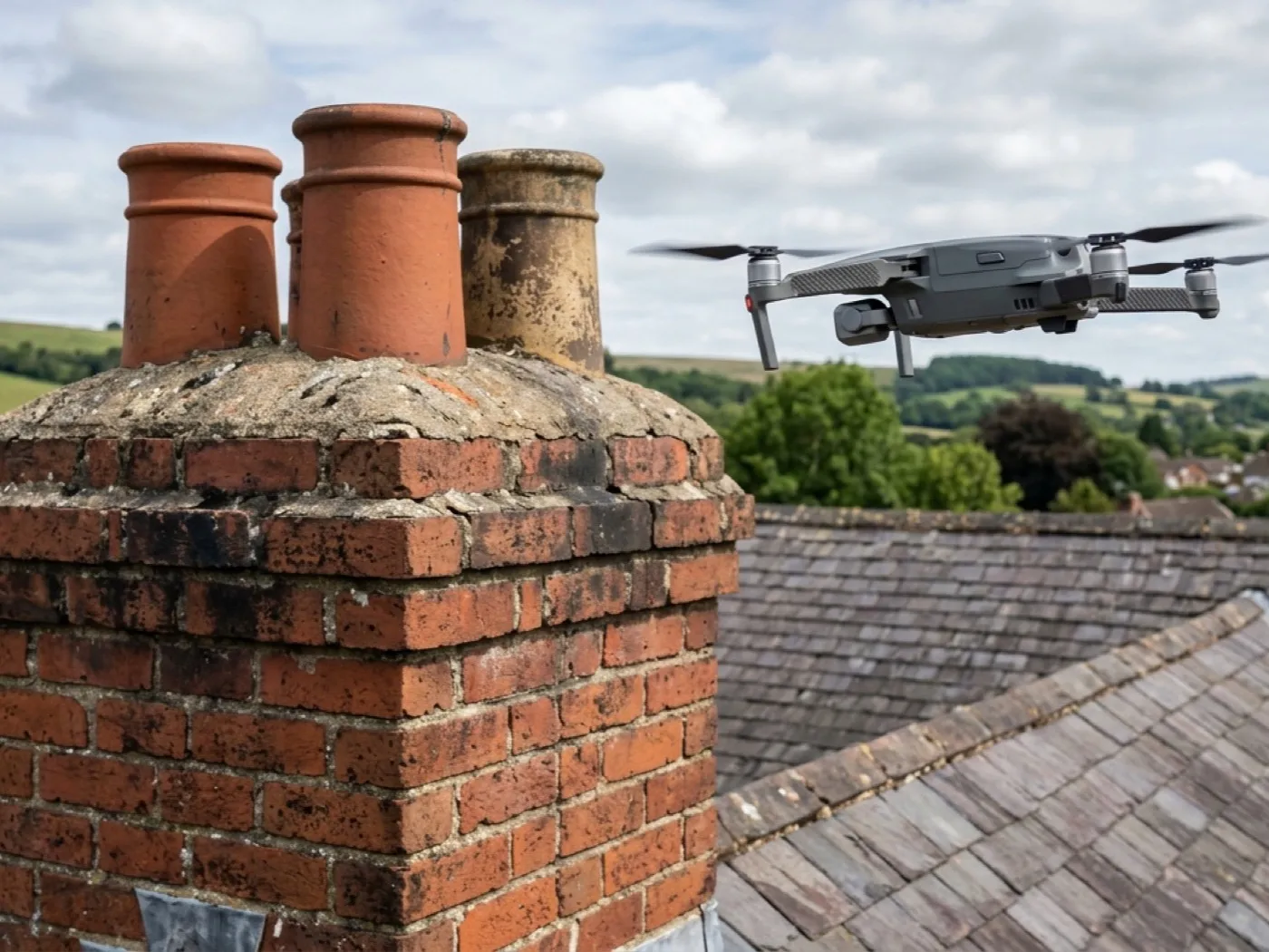 A drone hovering close to a tall brick chimney stack, photographing the pots, flaunching and flashing at close range