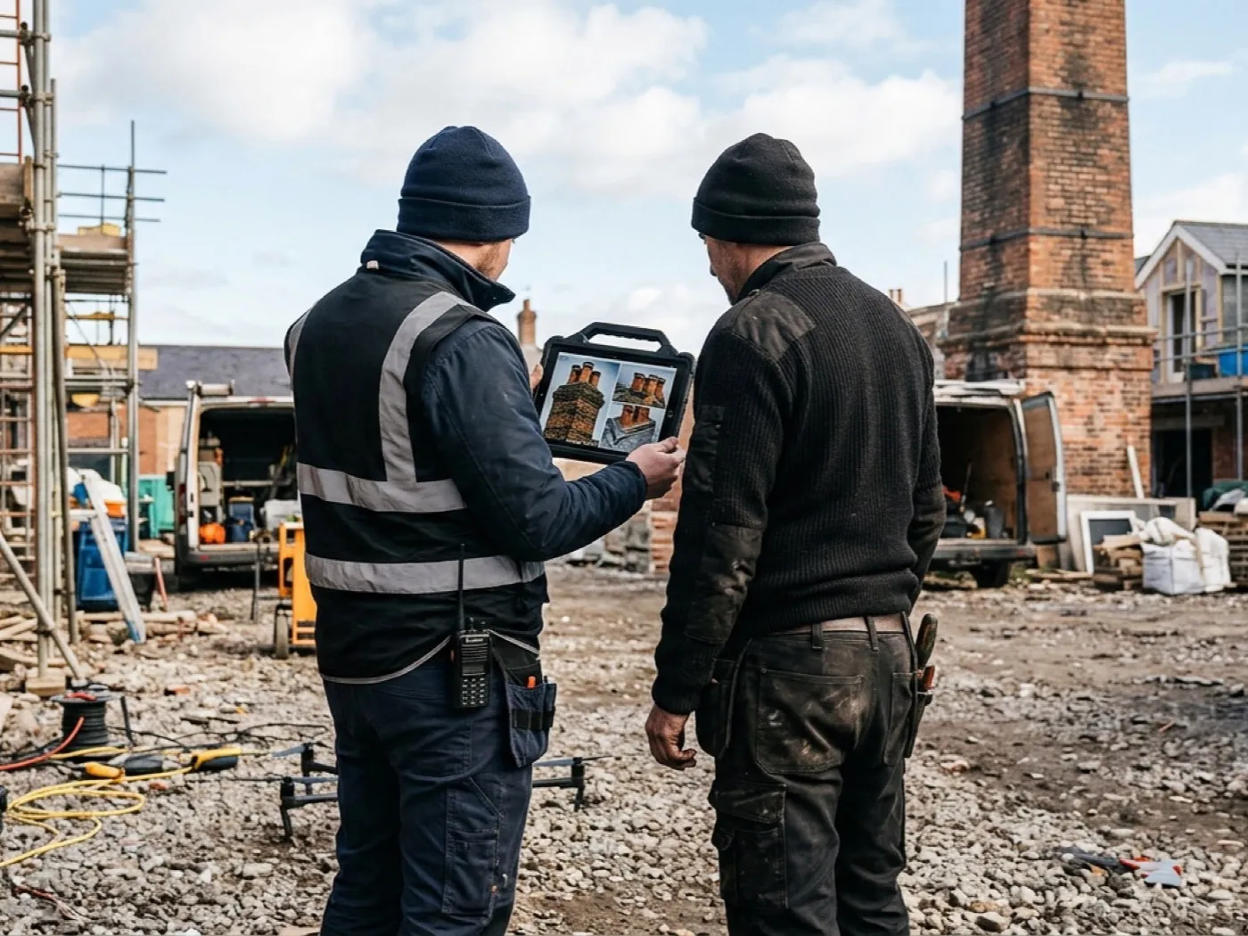 A chimney sweep and a drone operator looking together at close photographs of a chimney stack on a tablet at a job site